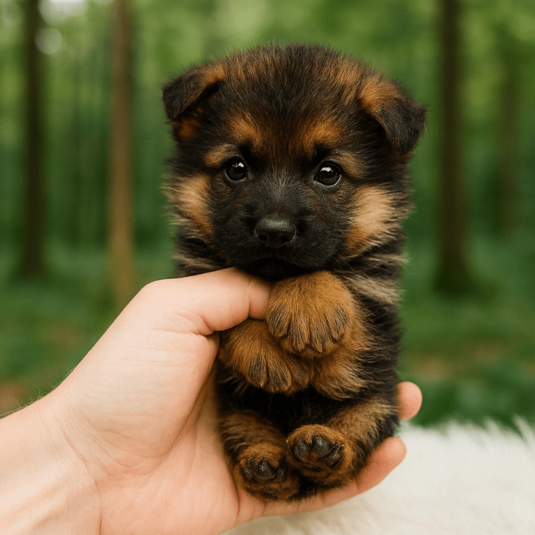 A palm-sized Kouvr Fashion interactive robot puppy nestled comfortably in an adult hand, highlighting its miniature scale, premium soft plush texture, and lifelike German Shepherd details.