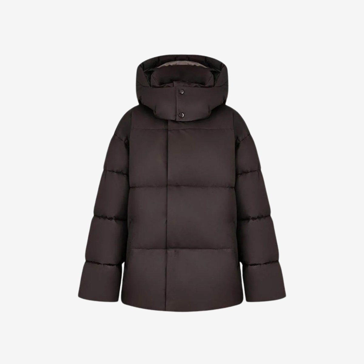 Studio product shot of the Kouvr Miranda puffer jacket in espresso brown with the hood up, front view.