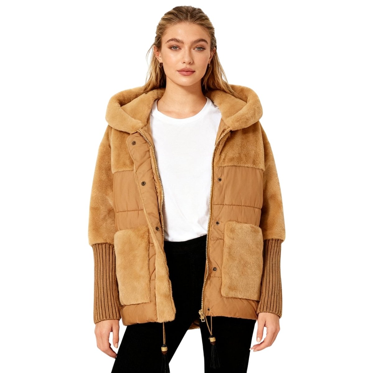 Model wearing the Kouvr deep khaki mixed media puffer jacket with faux shearling hood, viewed from the front.