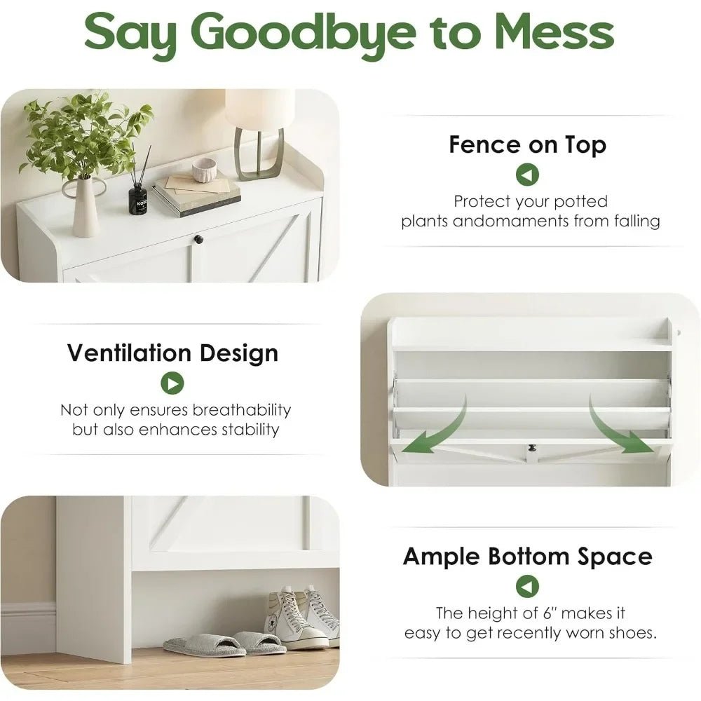 Product display with text 'Say Goodbye to Mess' featuring a white Kouvr cabinet, plants, and shoes.