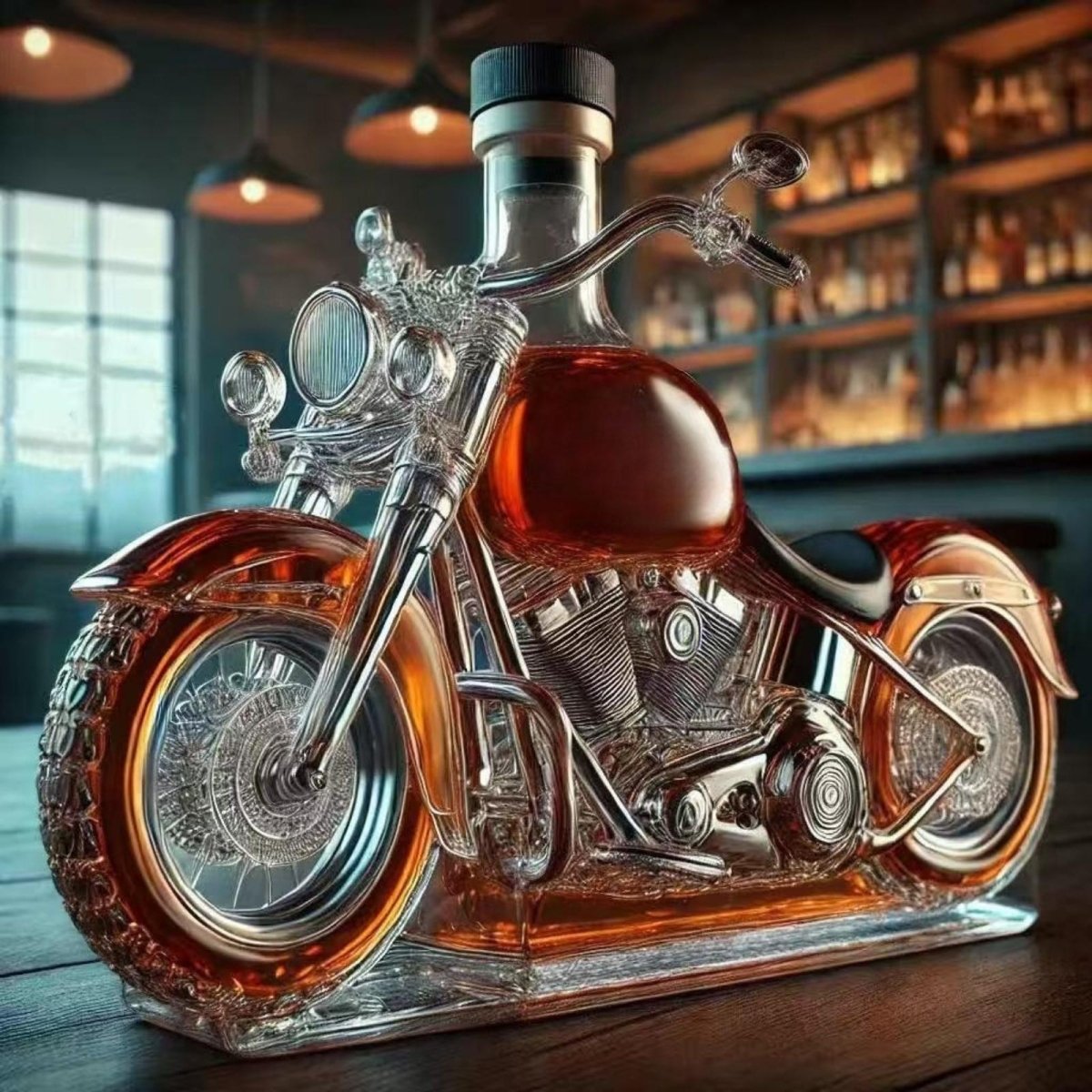 Side profile of the Kouvr handcrafted glass motorcycle whiskey decanter filled with bourbon, sitting on a wooden bar top with a softly lit bar in the background.