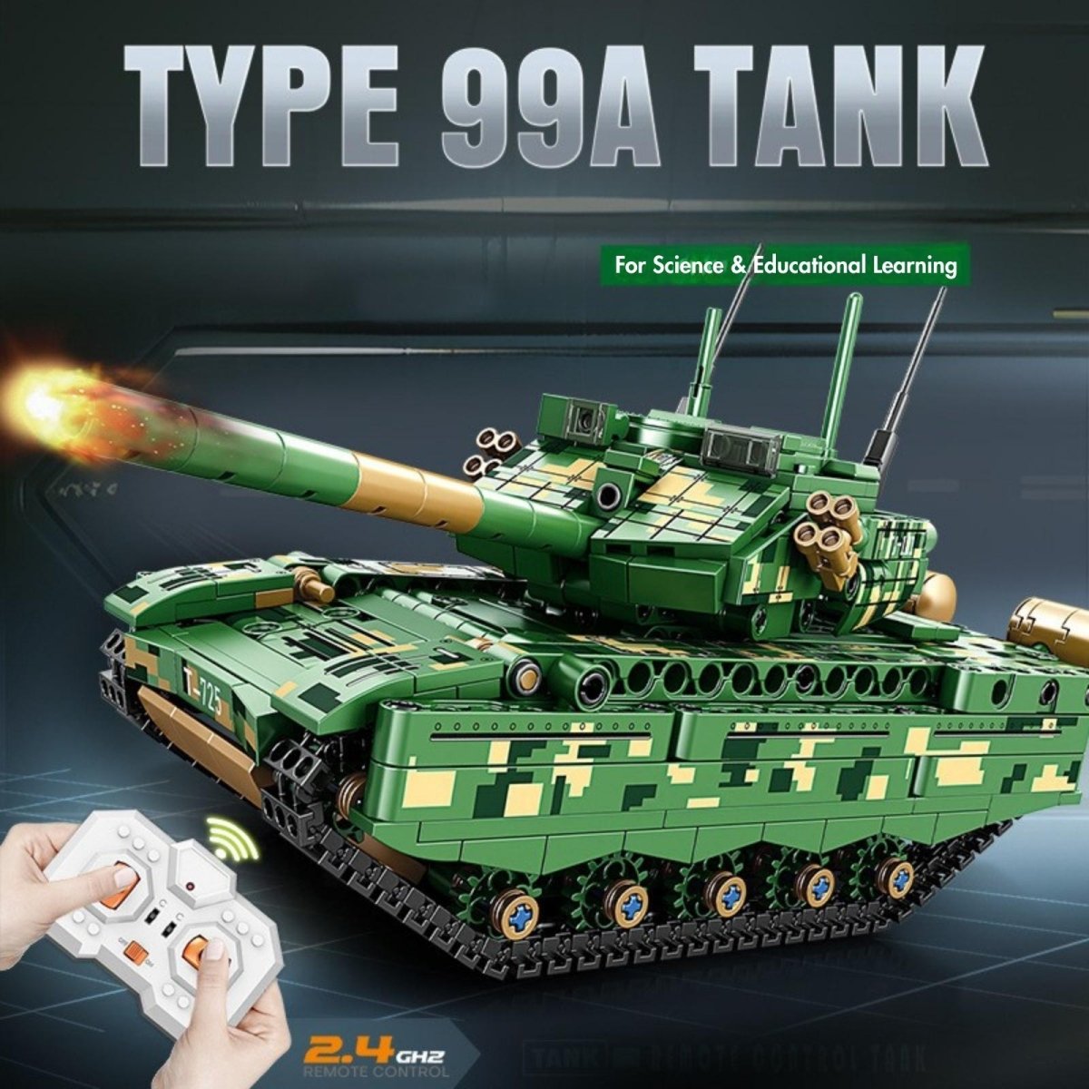 A detailed studio shot of the Kouvr Type 99A RC tank model showcasing its digital camouflage and remote control unit.