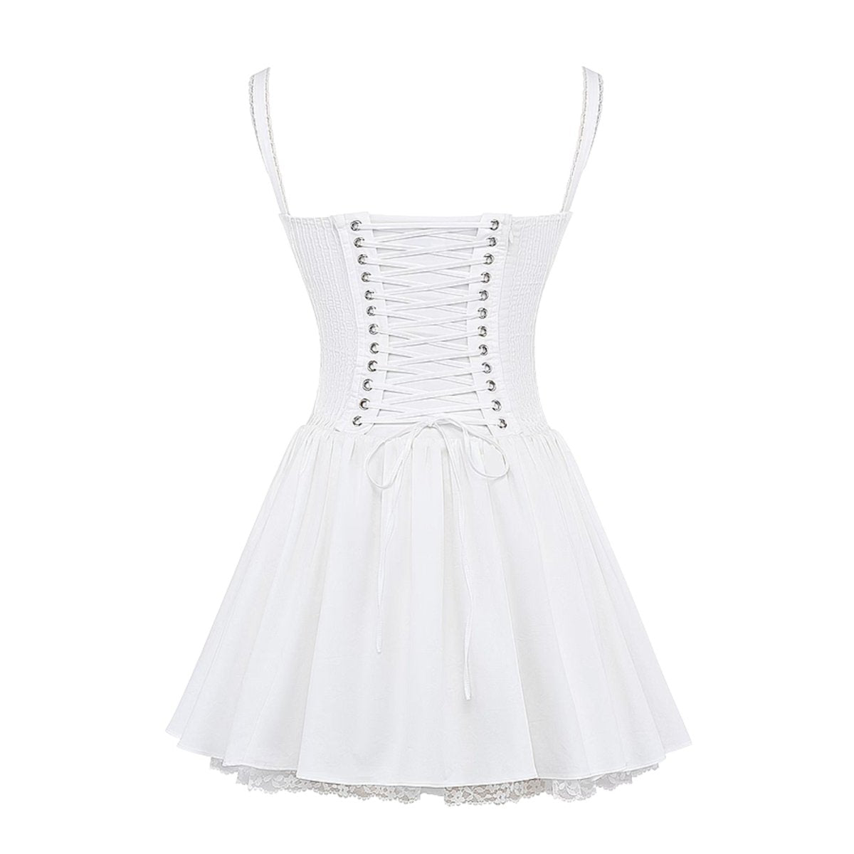 White kouvr corset dress with lace details on a white background
