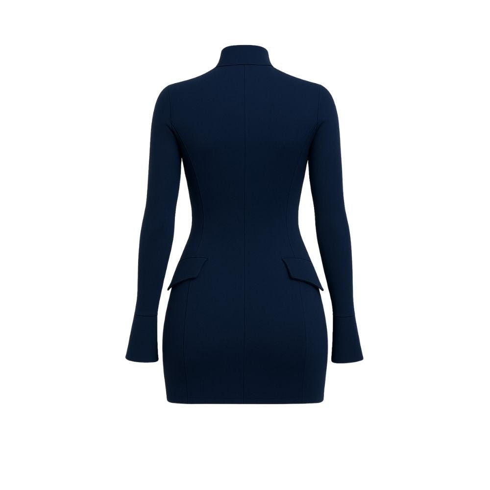 bell sleeve dress, flared cuff dress, high neck dress for women, form-fitting navy dress, sculpting bodycon dress, dress with flap pockets, sophisticated party dress, luxury going out dress