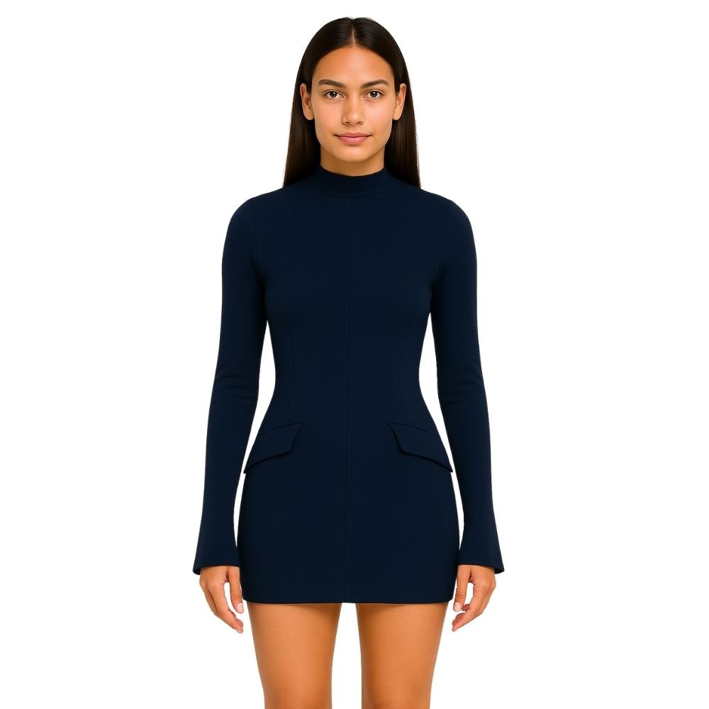 bell sleeve dress, flared cuff dress, high neck dress for women, form-fitting navy dress, sculpting bodycon dress, dress with flap pockets, sophisticated party dress, luxury going out dress