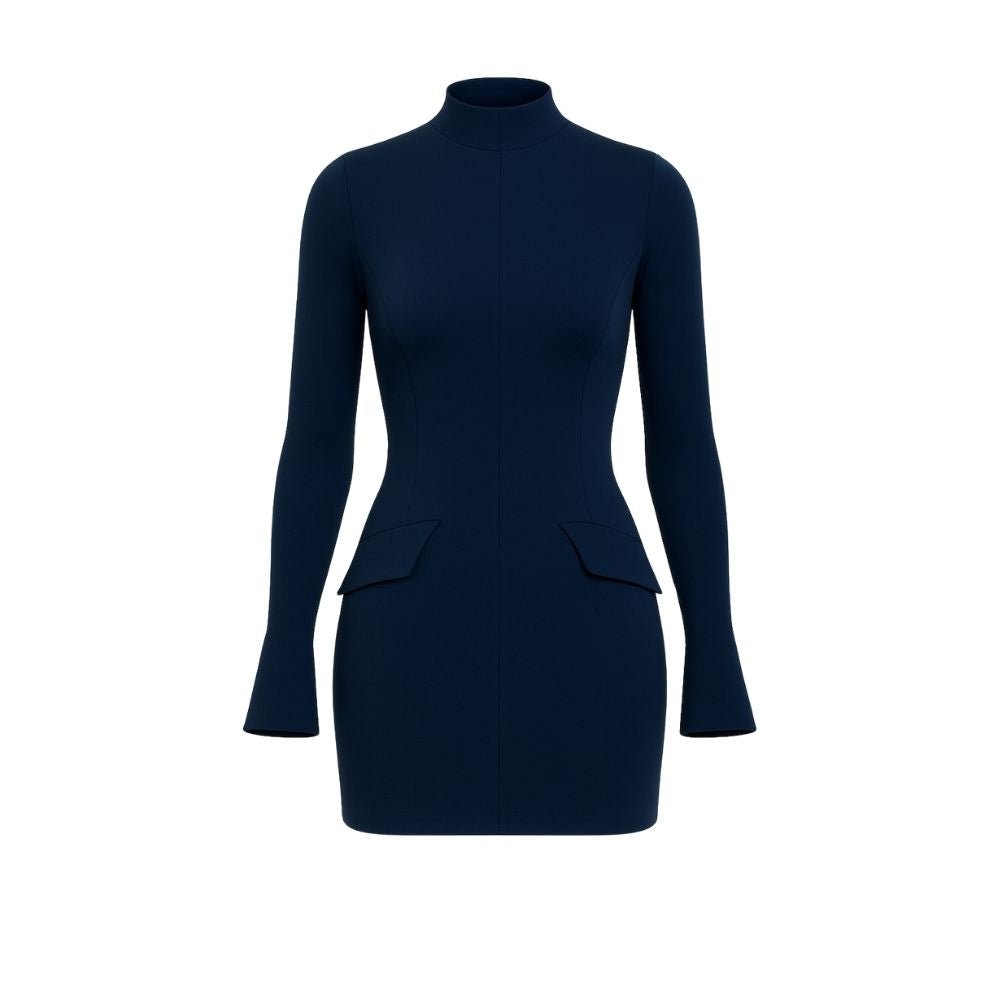 bell sleeve dress, flared cuff dress, high neck dress for women, form-fitting navy dress, sculpting bodycon dress, dress with flap pockets, sophisticated party dress, luxury going out dress