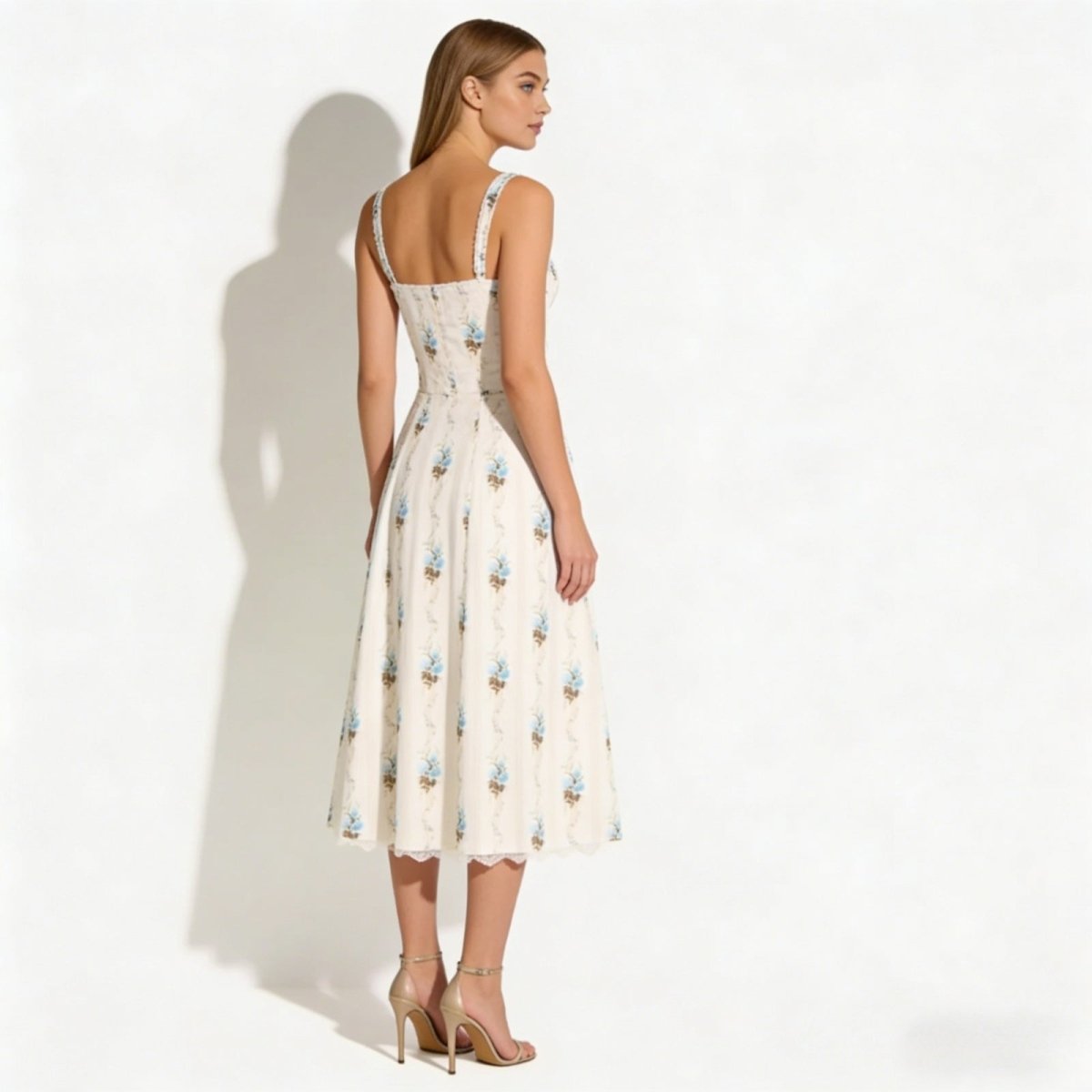 Back view of the Kouvr Nefeli cream floral corset midi dress, displaying the strap detail and tailored fit of the bodice.