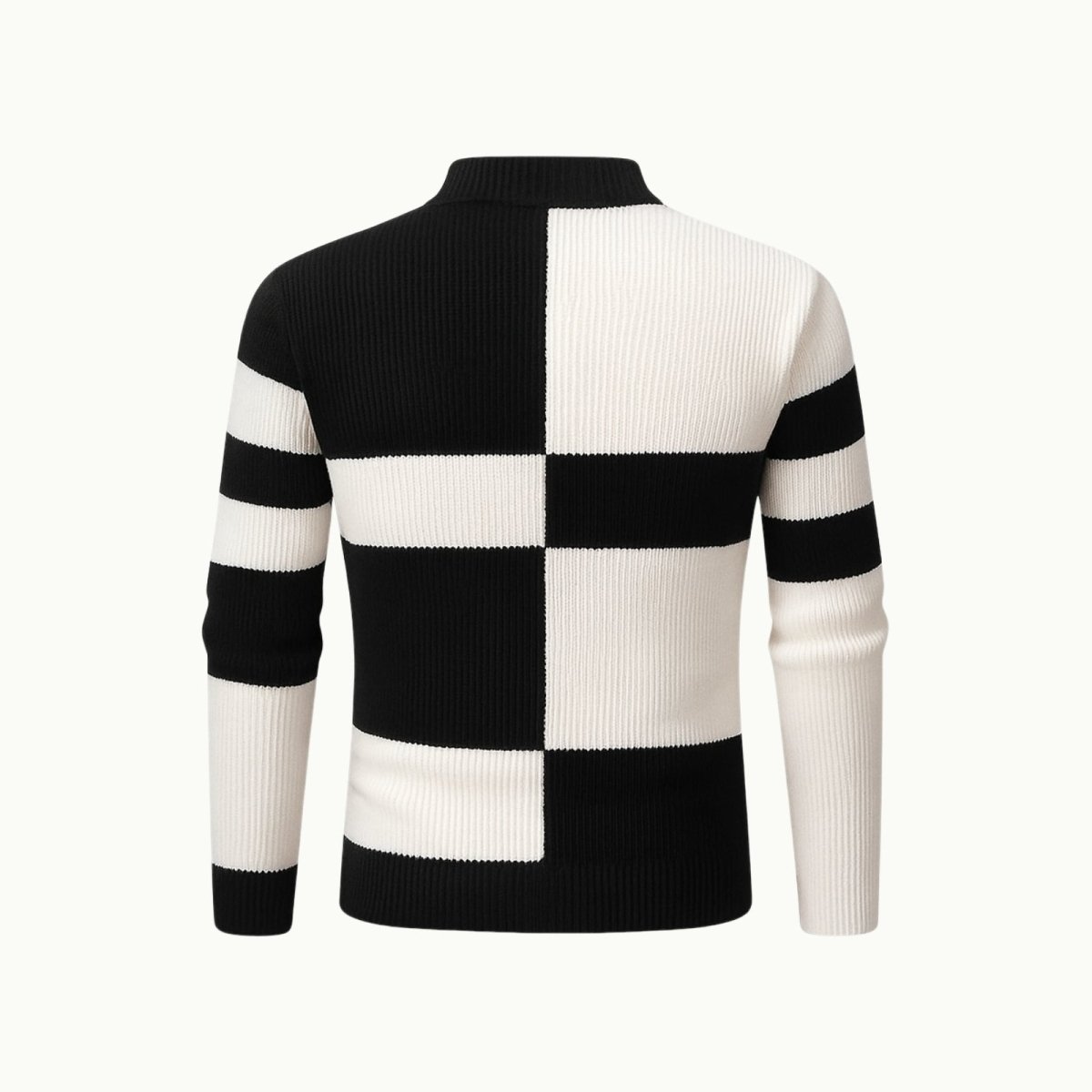 Flat lay product shot of the back of the Kouvr Nerthus men's colorblock sweater, showing the full design details.