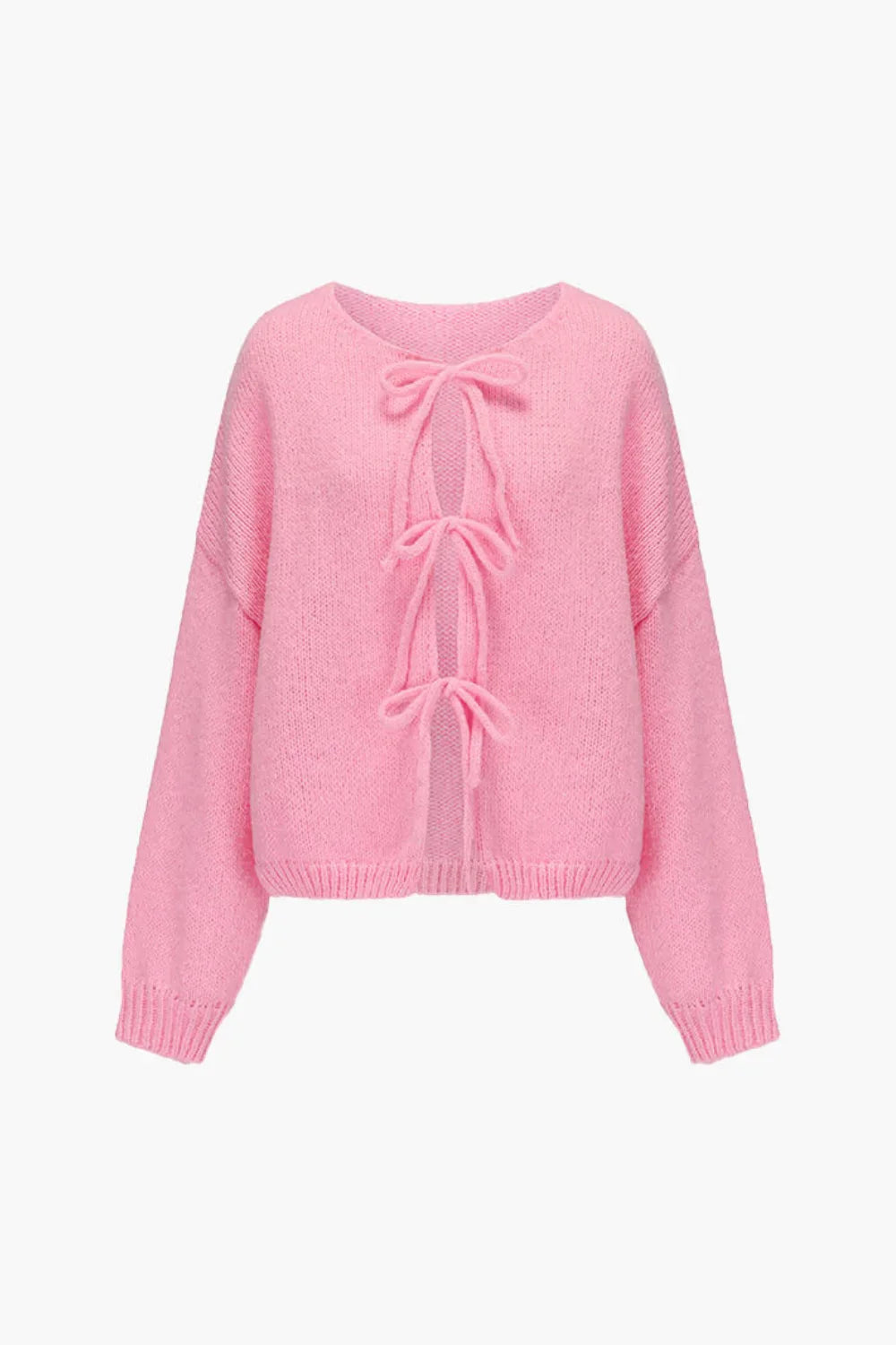 romantic knitwear," "feminine layering piece," "soft girl aesthetic," "luxury pink sweater," "balloon sleeve knit," "delicate open-front sweater