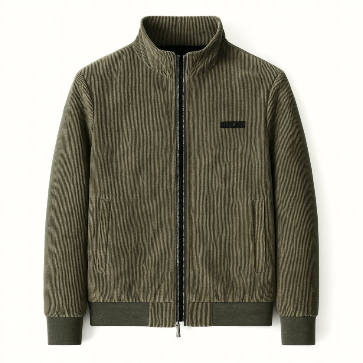 Kouvr Nick men's corduroy bomber jacket in army green, showing the sleeve and side pocket detail.