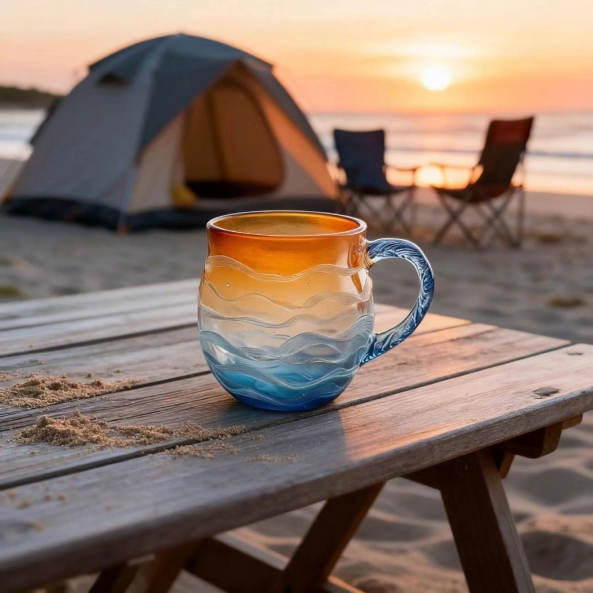The Kouvr ocean wave glass mug on a picnic table at a beach campsite during a beautiful sunset.