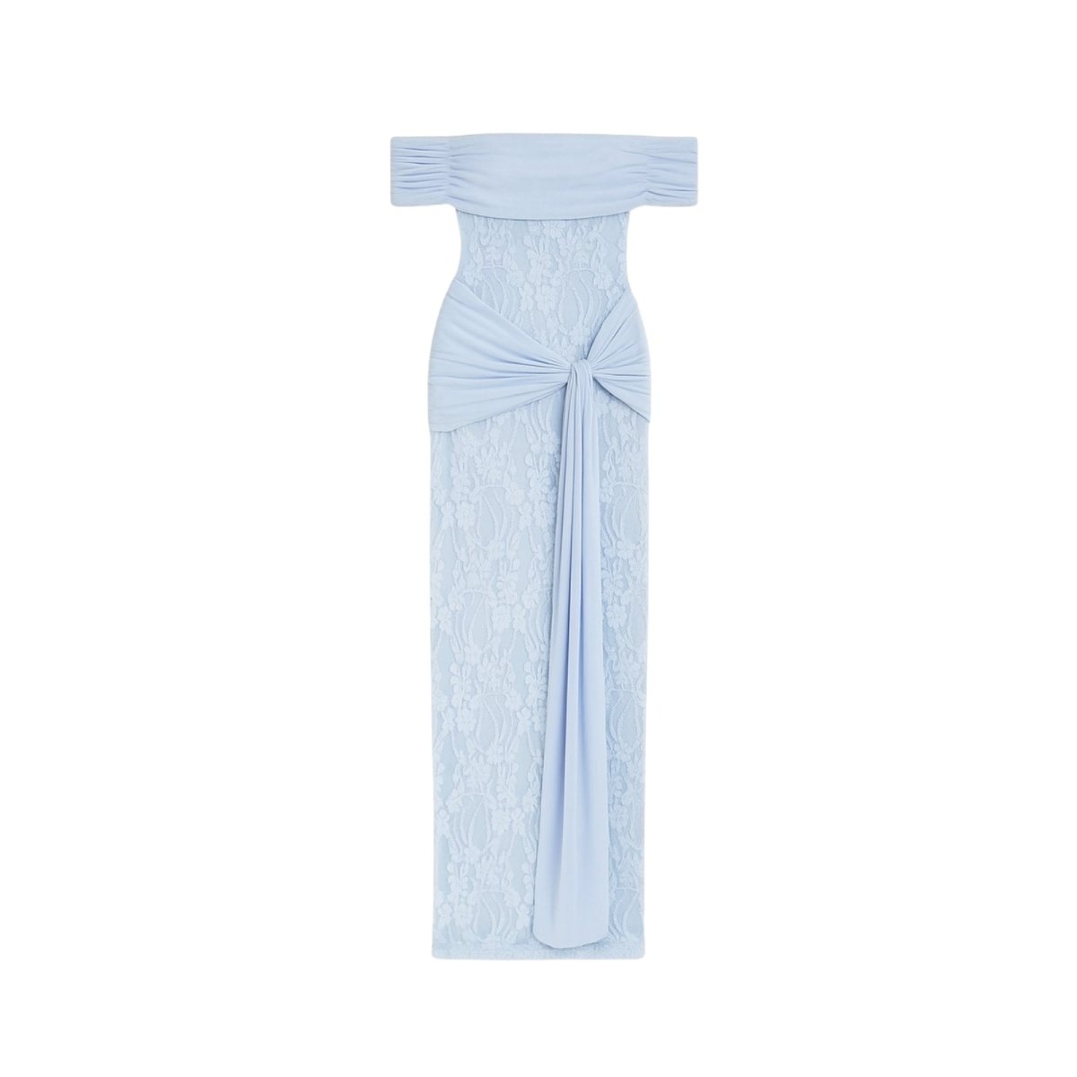 Light blue Kouvr off-shoulder dress with a knot detail on a white background