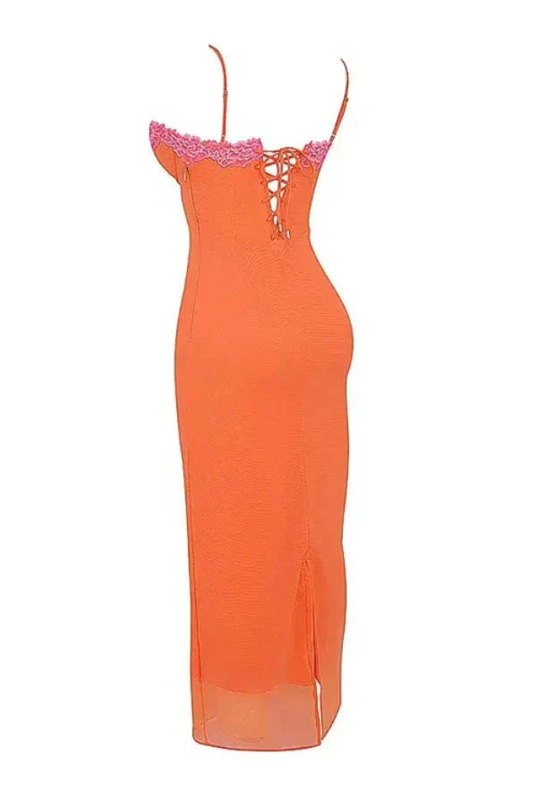 bustier top," "lace-up back," "sunset orange," "tangerine," and "statement occasion dress