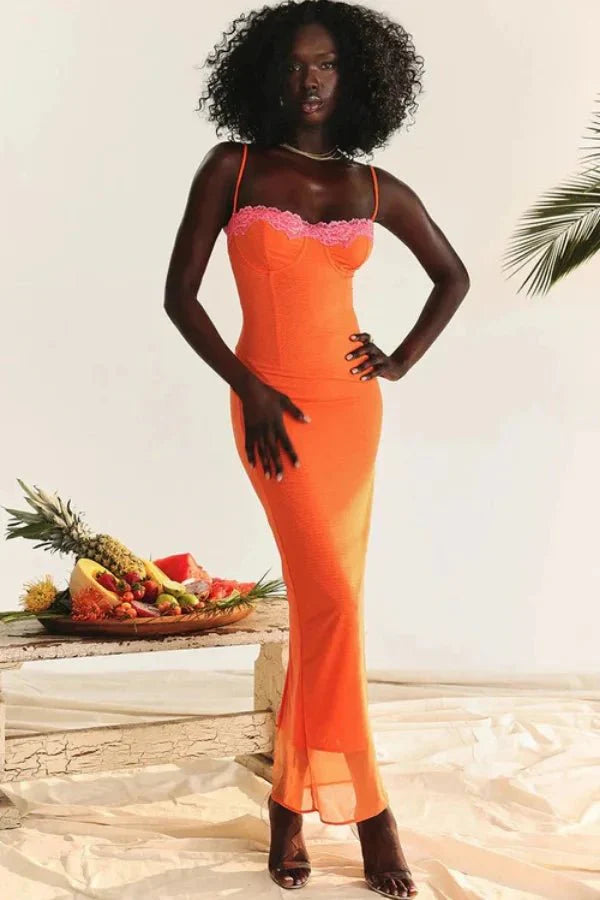 bustier top," "lace-up back," "sunset orange," "tangerine," and "statement occasion dress
