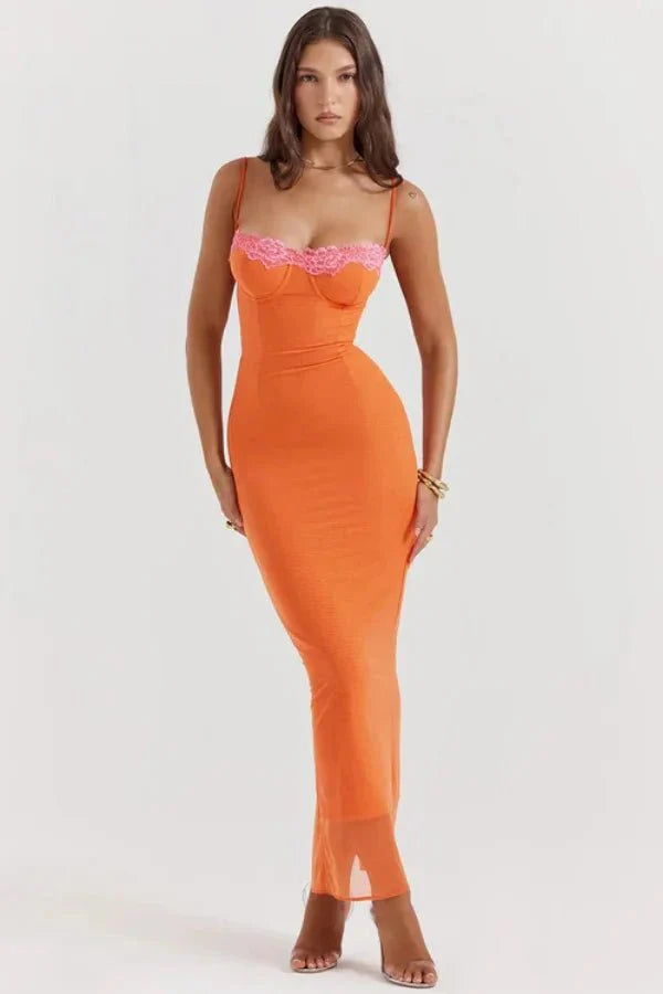 bustier top," "lace-up back," "sunset orange," "tangerine," and "statement occasion dress