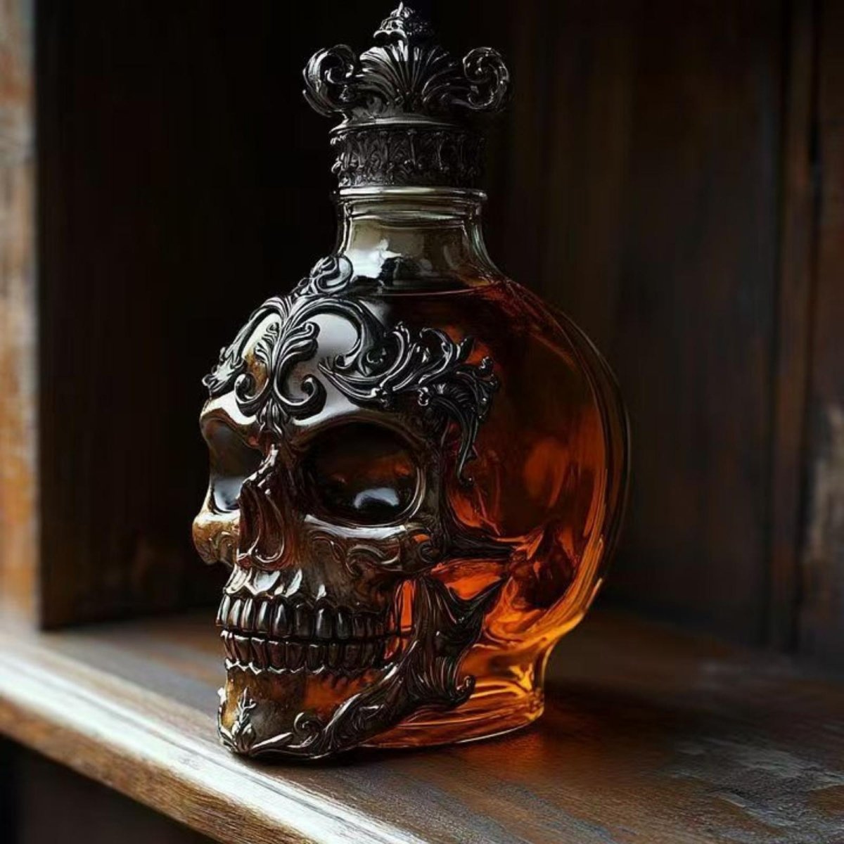 Side profile of the Kouvr ornate skull whiskey decanter filled with amber liquid, showing detailed metal filigree on a dark wood shelf.