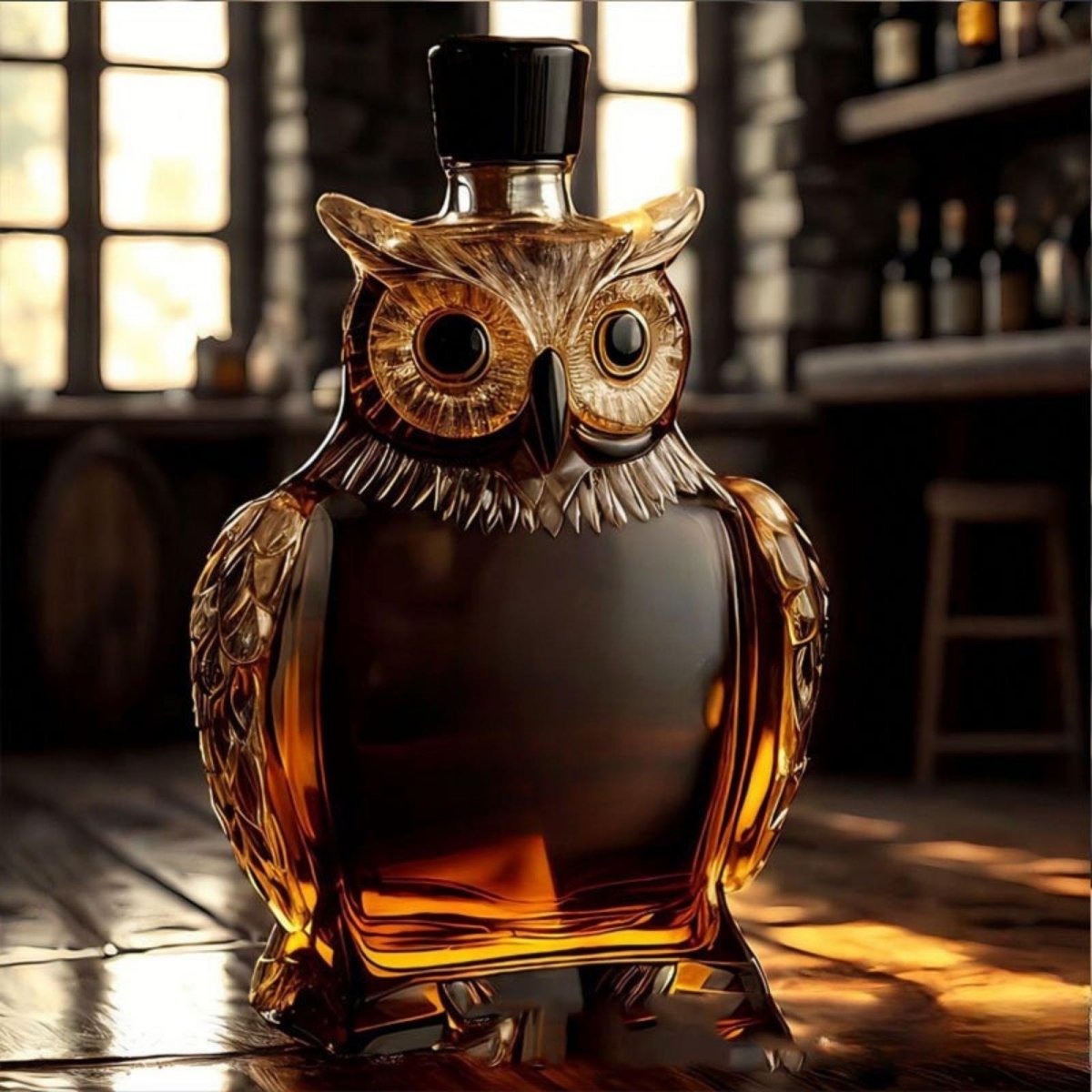 Front view of the Kouvr owl shaped whiskey decanter, made of amber glass and filled with bourbon, sitting on a rustic wooden table.