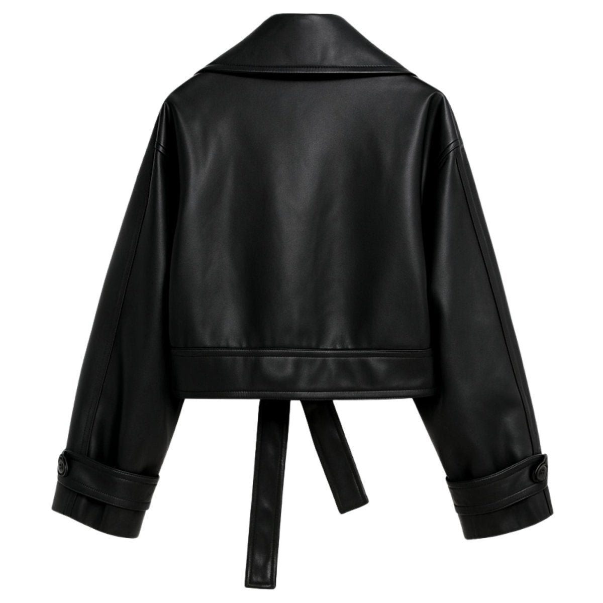 Model wearing Kouvr's black cropped faux leather trench jacket with belted waist