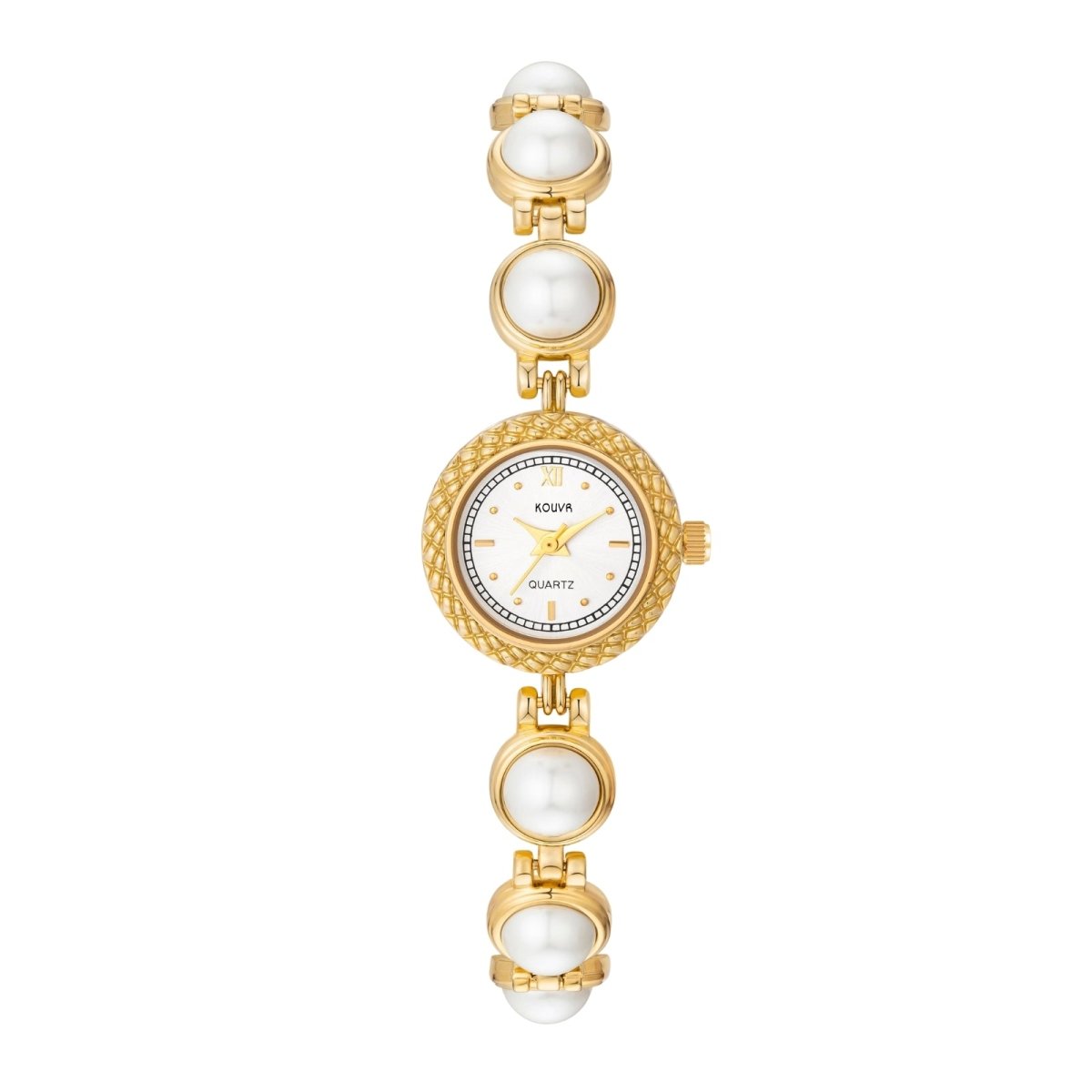 Gold kouvr watch with pearl-like accents on a white background