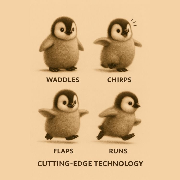 An infographic demonstrating the cutting-edge technology of the Kouvr penguin toy, showing its four main actions: waddles, chirps, flaps, and runs.