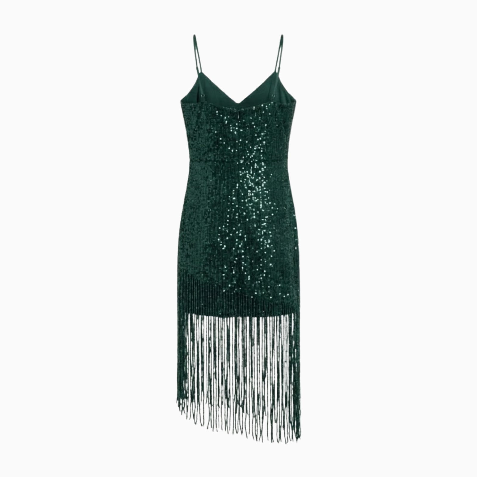 Flatlay showing the back of an dark green sequin mini dress with spaghetti straps and tassel fringe.