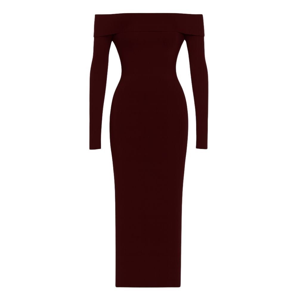 Burgundy kouvr off-shoulder long-sleeve dress on a white background