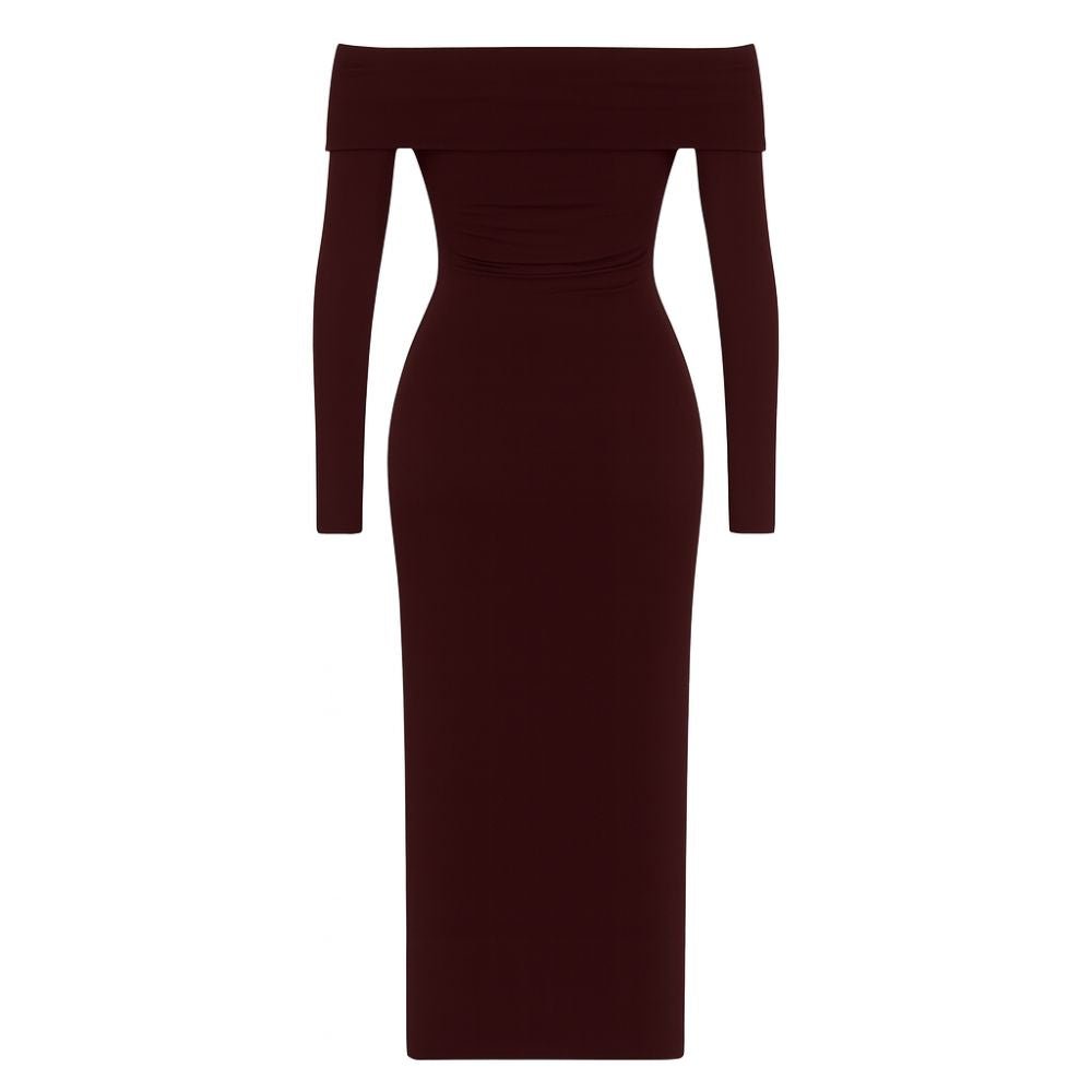 Burgundy kouvr off-shoulder dress on a white background