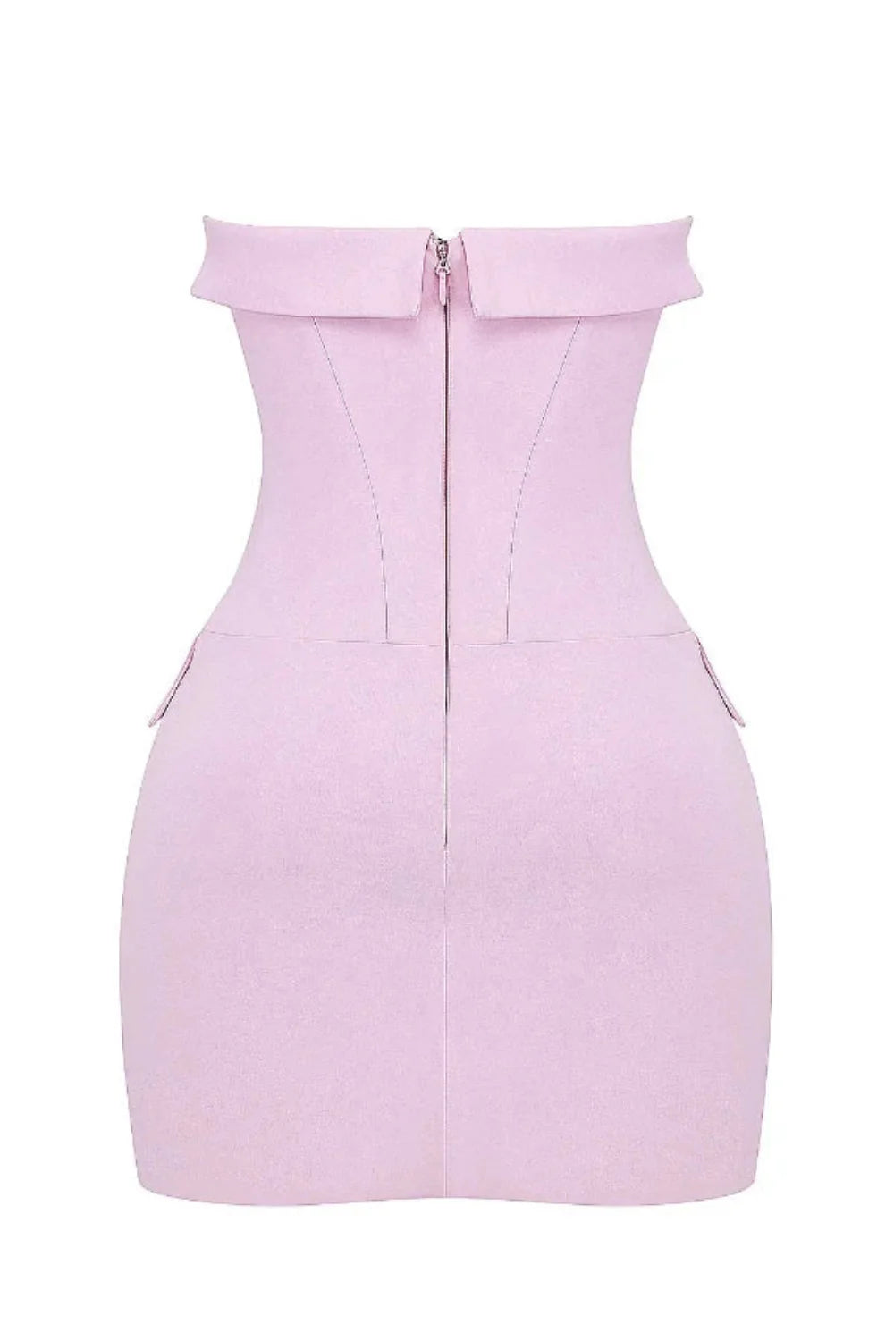 Model wearing the Kouvr strapless pink corset mini dress at an event