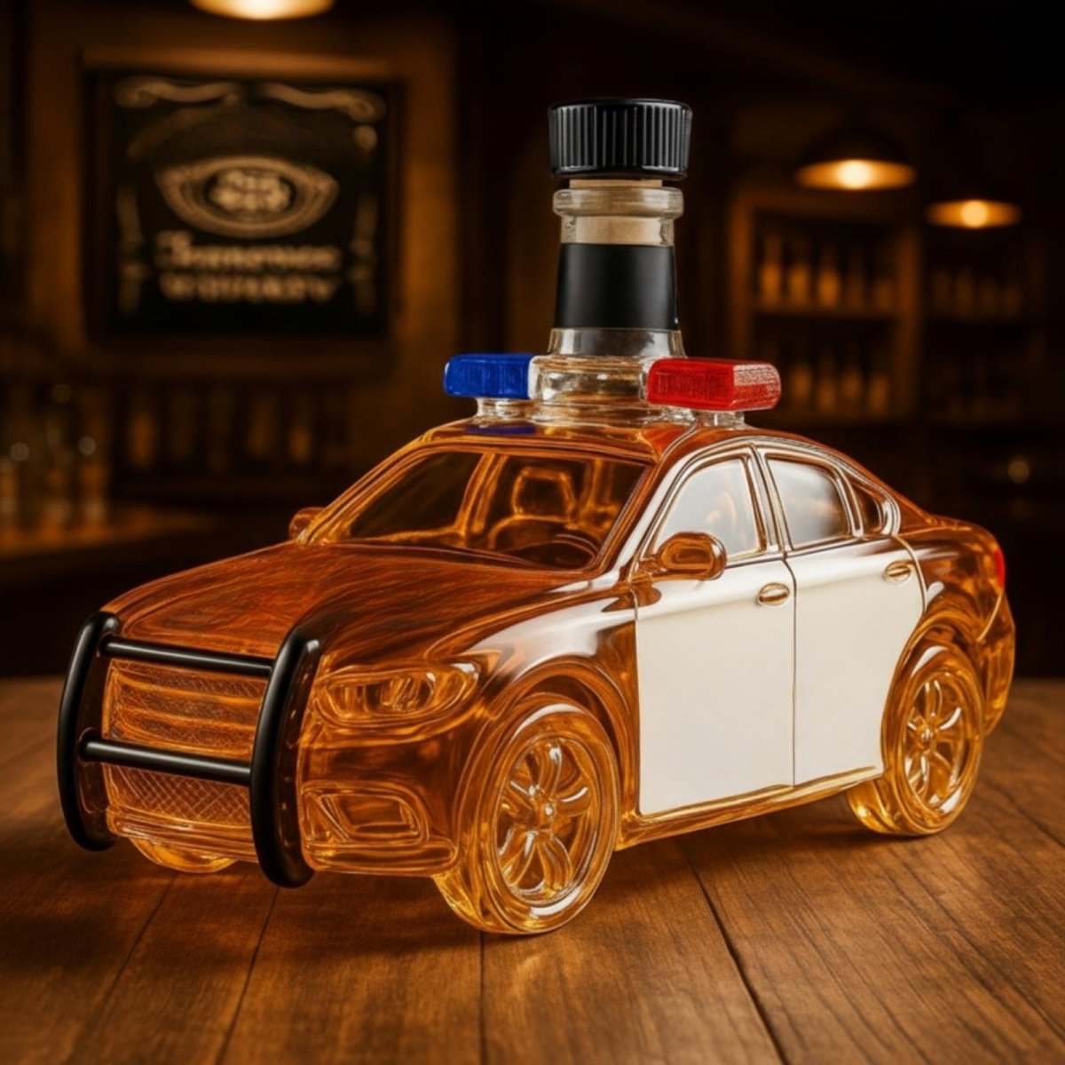 Side view of the Kouvr police car whiskey decanter, filled with amber liquid and sitting on a wooden bar top, showcasing the white door panel and glass details.