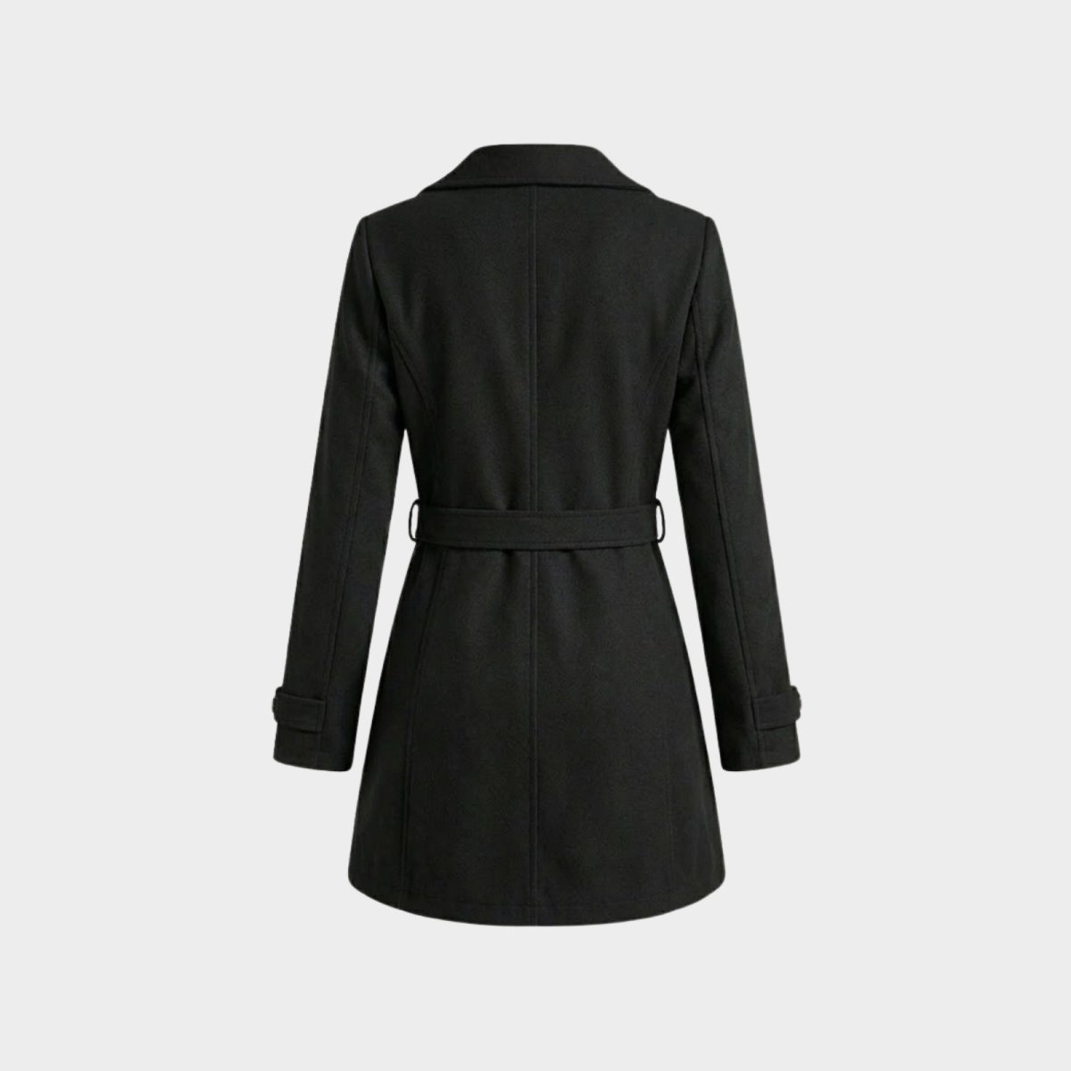Product-only image of the back of the Priscilla black wool trench coat, highlighting the tie-belt and central seam construction.