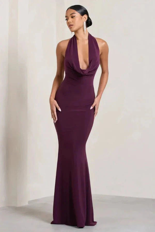 open-back, draped neckline, floor-length, fishtail silhouette, aubergine, wedding guest attire, black-tie dress