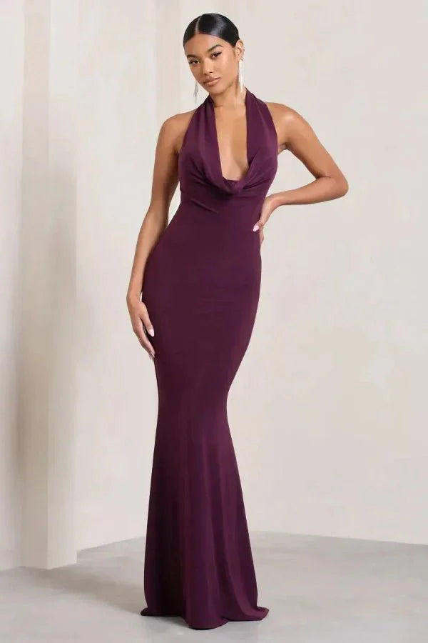 open-back, draped neckline, floor-length, fishtail silhouette, aubergine, wedding guest attire, black-tie dress