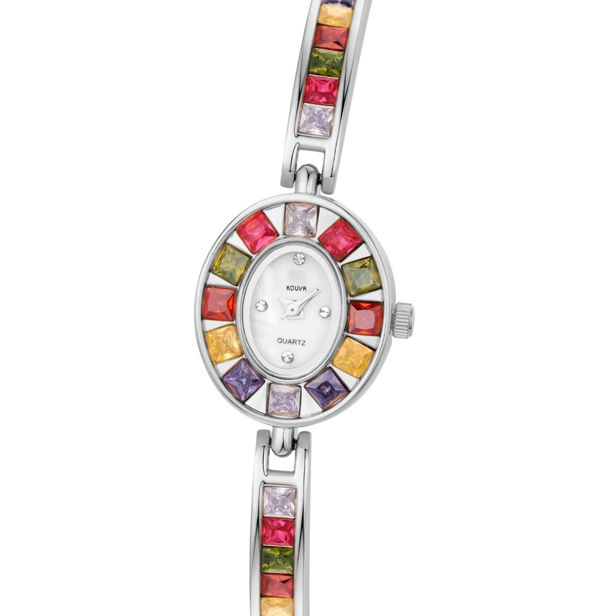 Kouvr Watch with colorful gemstone bracelet on a white background