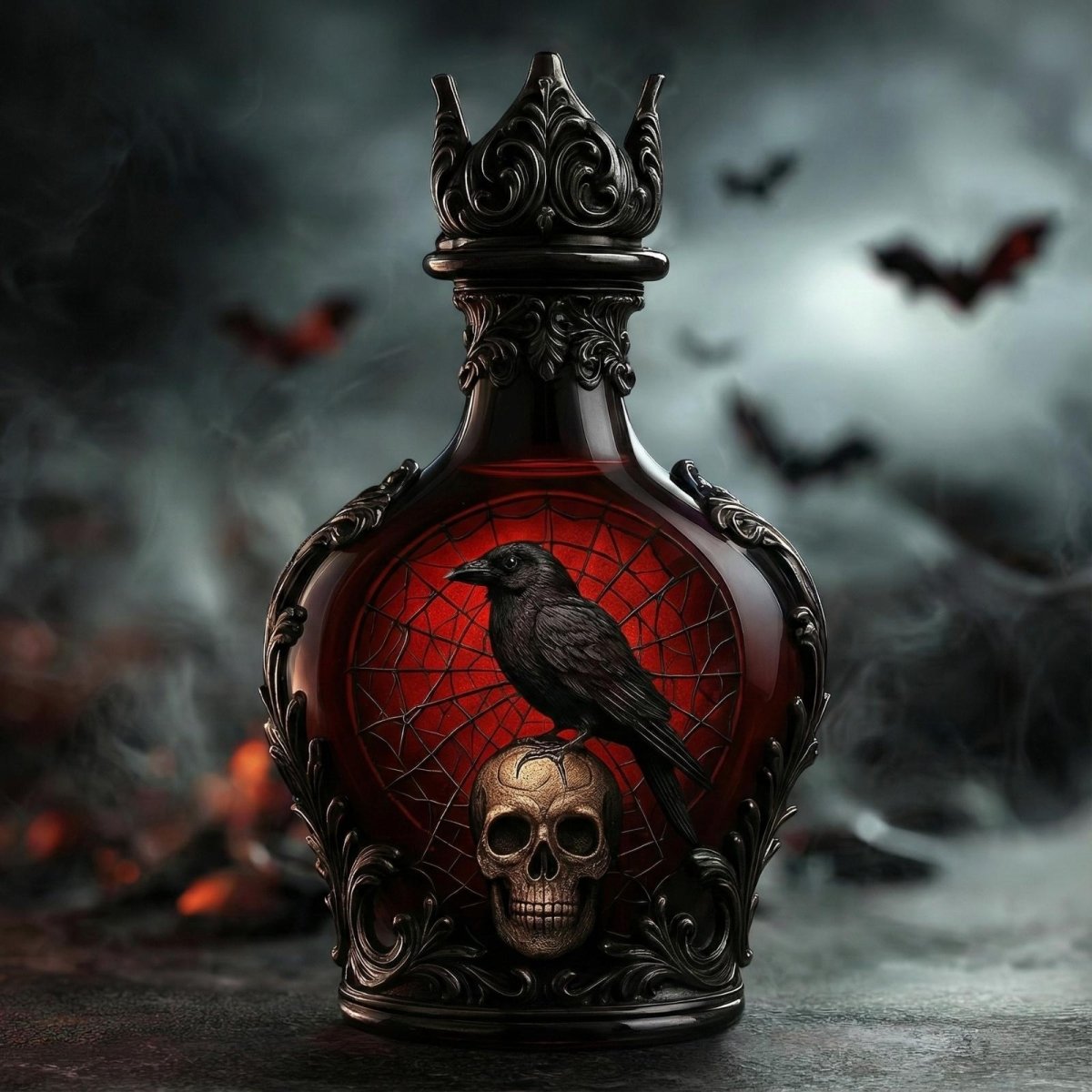 A gothic Kouvr decanter with a black raven perched on a skull, set against a red spiderweb background and framed in ornate black metalwork.