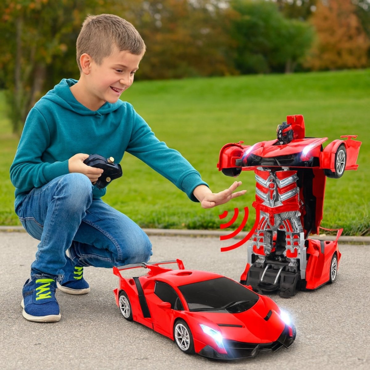 Child playing with a red toy car and robot transformation set outdoors.