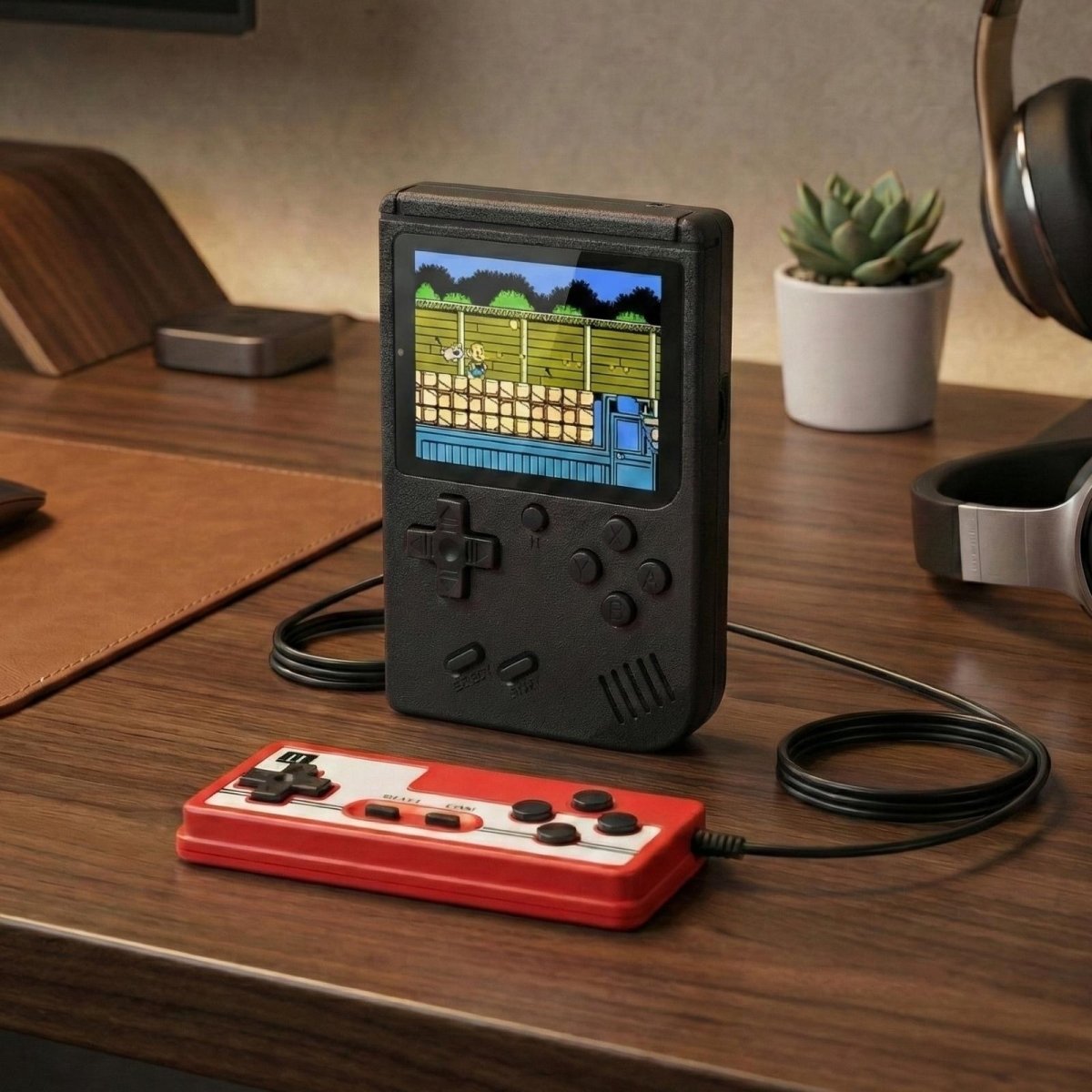 The Kouvr retro handheld console bundle including the black handheld device, a second player controller, USB charging cable, TV AV output cable, 