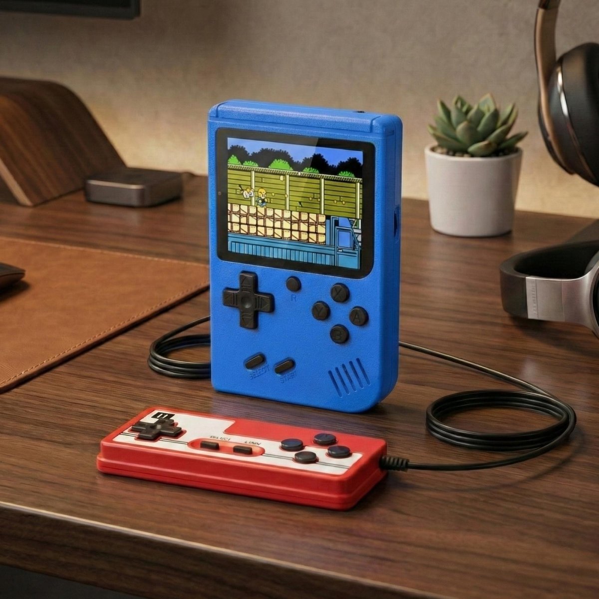 Blue Kouvr classic retro handheld game console on a desk displaying a game, with a red and white wired controller connected for two-player action.