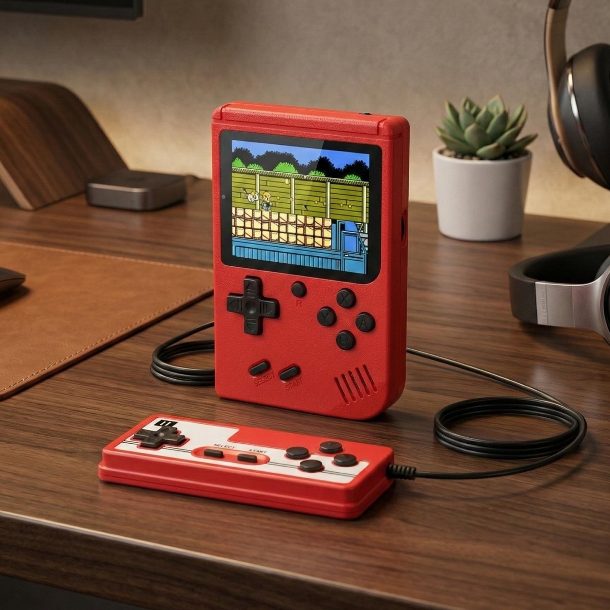 Kouvr red retro handheld game console with a separate two-player controller connected, sitting on a wooden desk.