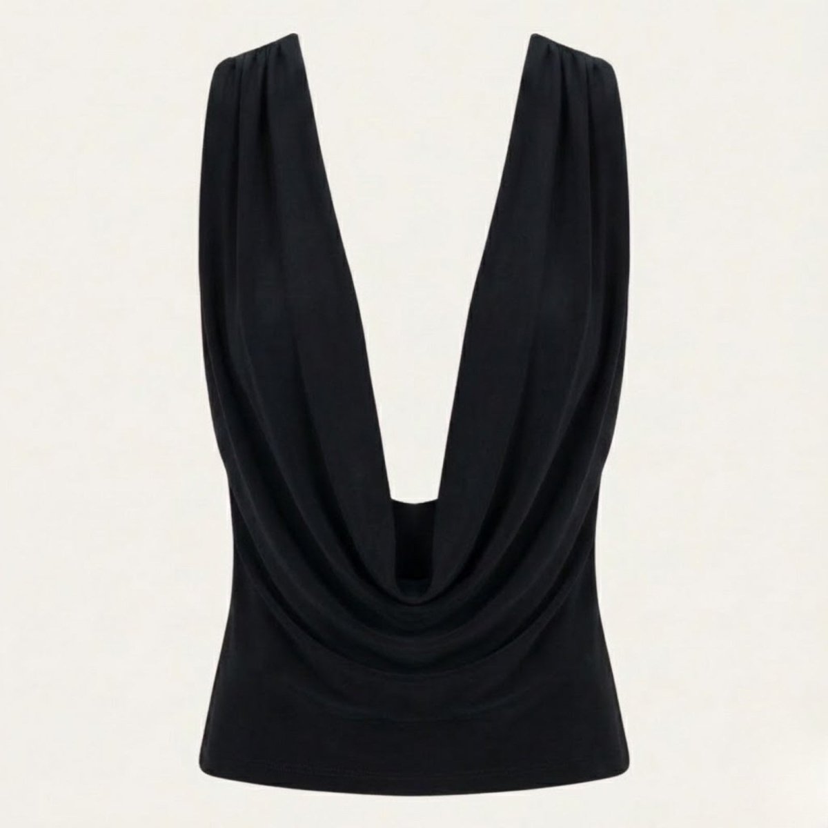 Product flat lay of the Kouvr Rhea black sleeveless top showing the deep, luxurious cowl neck drape in the front. 