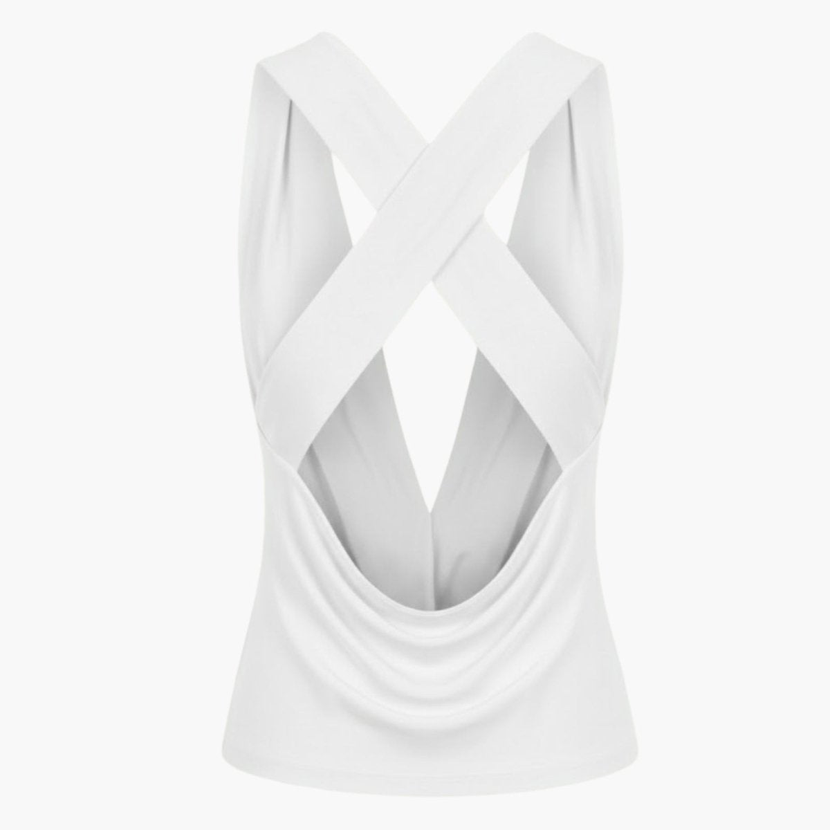 Product flat lay showing the back of the white sleeveless top, detailing the criss-cross straps and low open-back design.