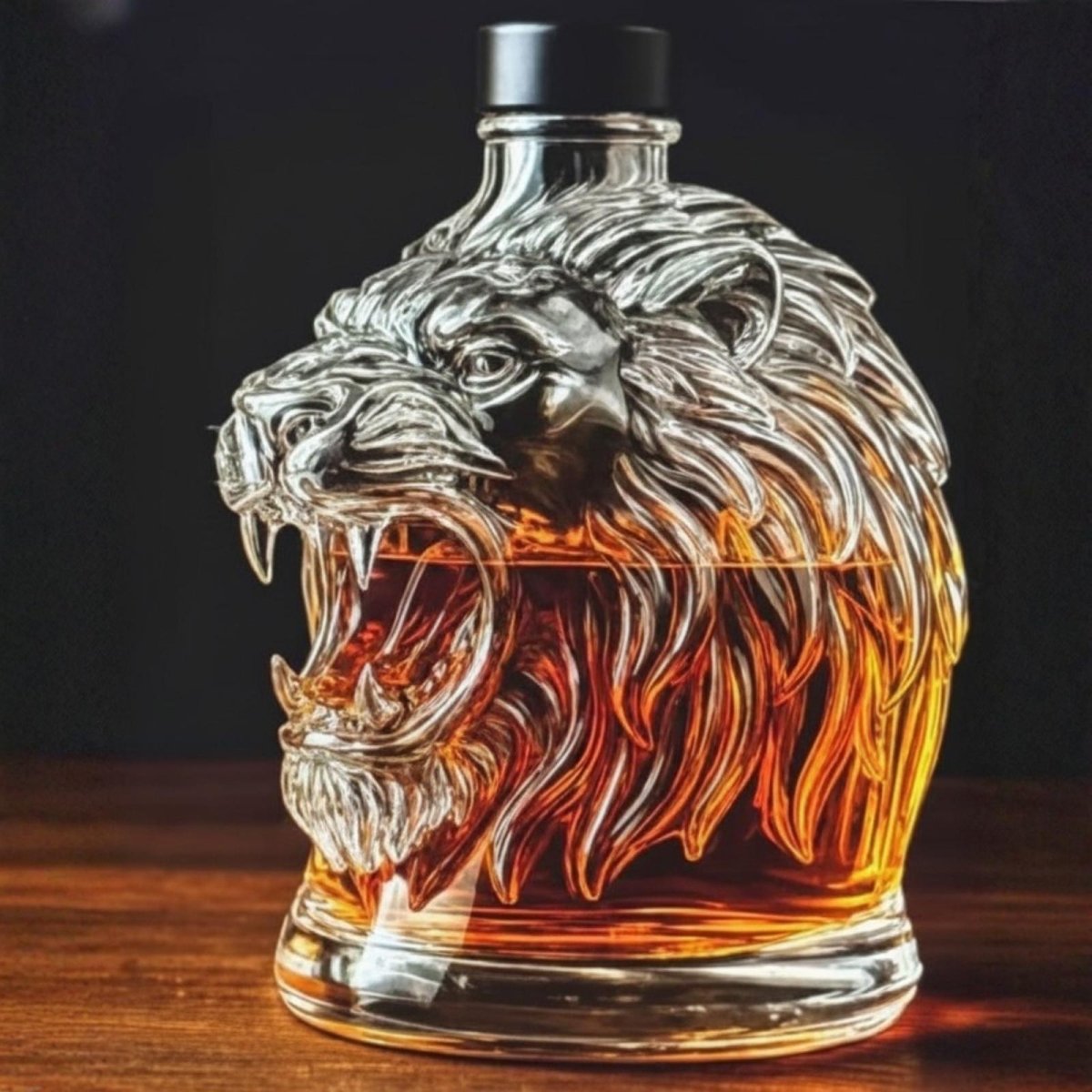 Side profile of a detailed, roaring lion head crystal whiskey decanter filled with amber liquid, sitting on a dark wood table.