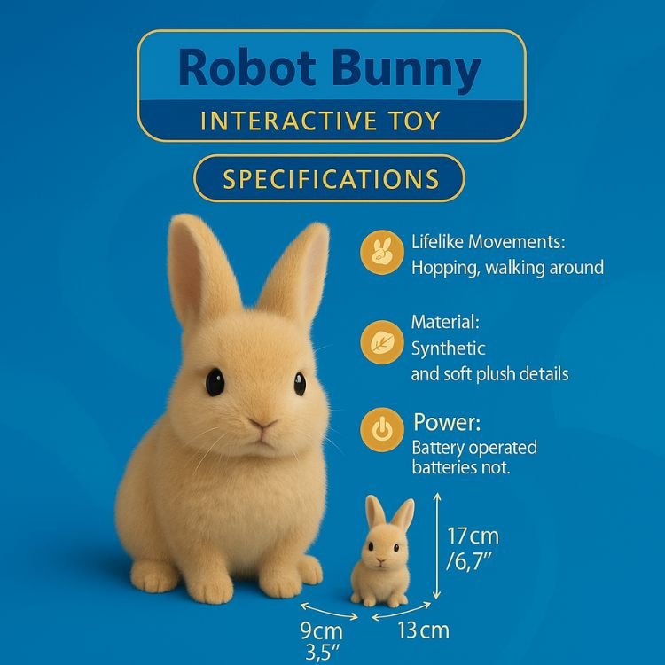 Infographic showing the specifications for the Kouvr Robot Bunny Interactive Toy, including its dimensions (17cm height), material (synthetic plush), and features (lifelike movements, battery operated).