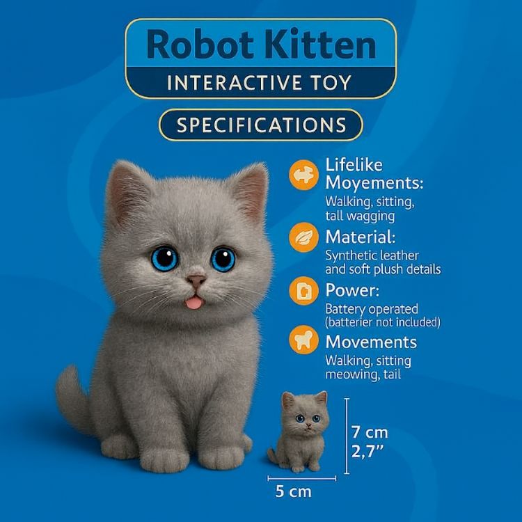 Product specifications for the Kouvr Robot Kitten interactive toy showing its size and features like walking and meowing.
