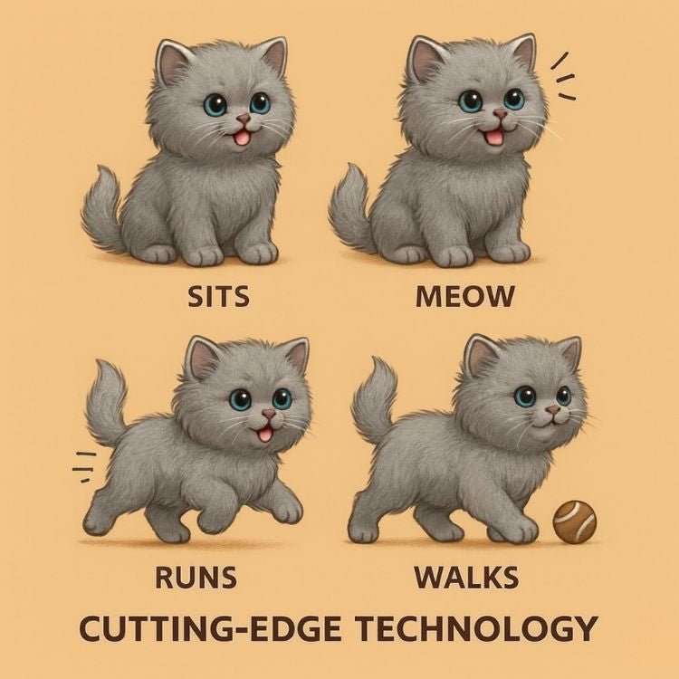 Illustration showing the cutting-edge technology of the Kouvr robot kitten: Sits, Meow, Runs, and Walks.