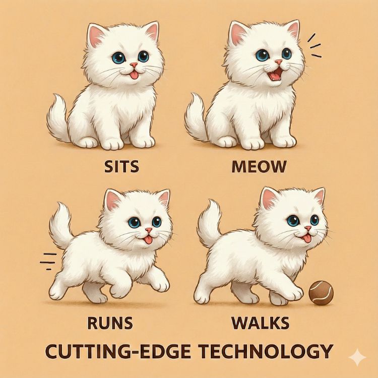 An infographic illustrating the features of the interactive robot kitten, including its ability to sit, meow, run, and walk.