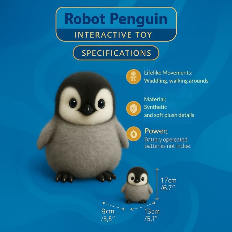 Product specifications for the Kouvr Robot Penguin Interactive Toy, showing its dimensions and features like lifelike movements and plush material.