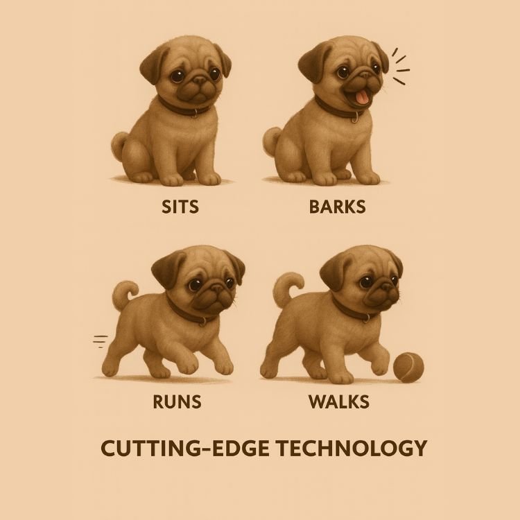 An illustration showcasing the four main functions of the Kouvr robot pug puppy: sits, barks, runs, and walks, with the text 'Cutting-Edge Technology'.