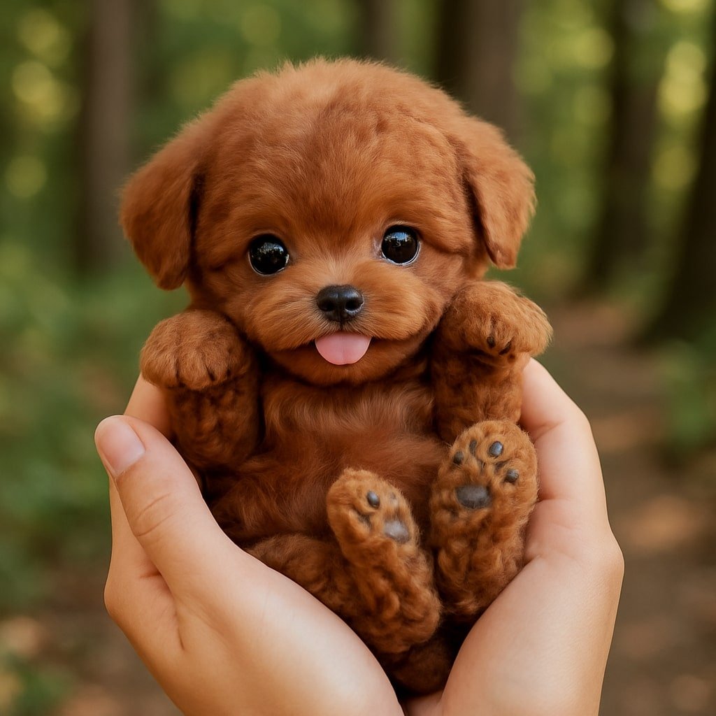 A person holding a small, fluffy brown robot puppy toy with big eyes and its tongue sticking out.