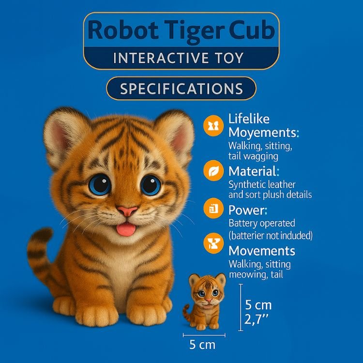 A product features graphic for the Kouvr Robot Tiger Cub showing its 5cm dimensions and listing its interactive movements like walking, sitting, and meowing.