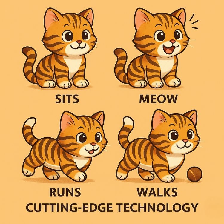 A product features graphic for the Kouvr Robot Tiger Cub showing its cutting-edge technology with the ability to sit, meow, run and walk